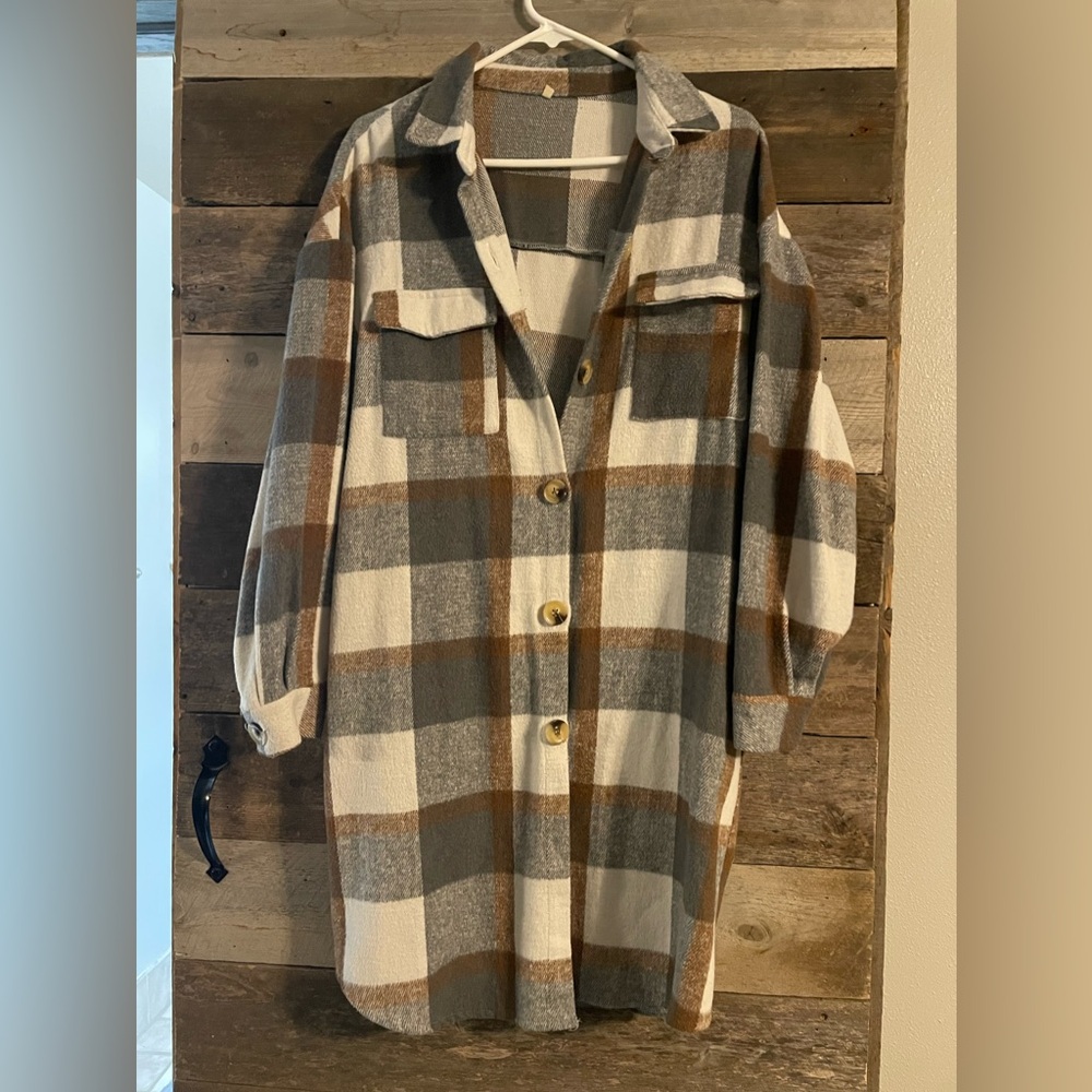 LONG Button-Up Shacket in Cream, Gray & Brown